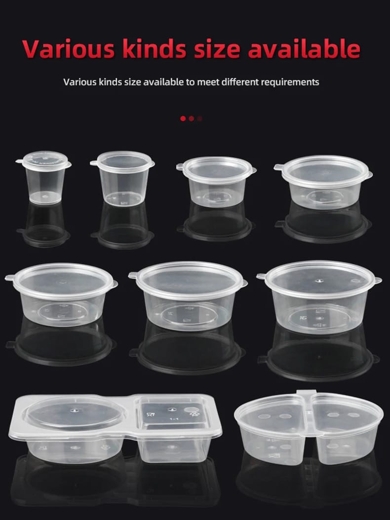 Disposable PP sauce cup with hinged lid injection molding portion cups